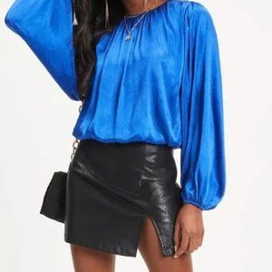 VICI Blue Satin Balloon Sleeve Top
